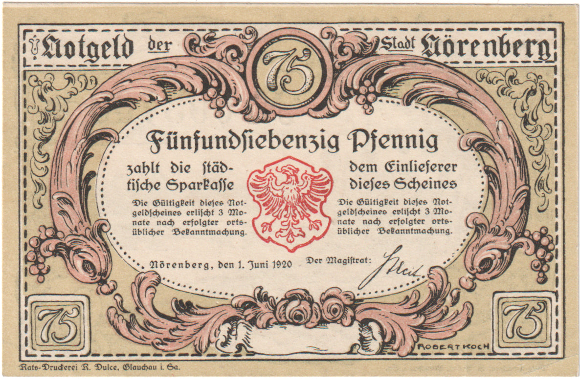 Banconote, Germania, Norenberg Stadt, 75 Pfennig, paysage, 1920, 1920-06-01