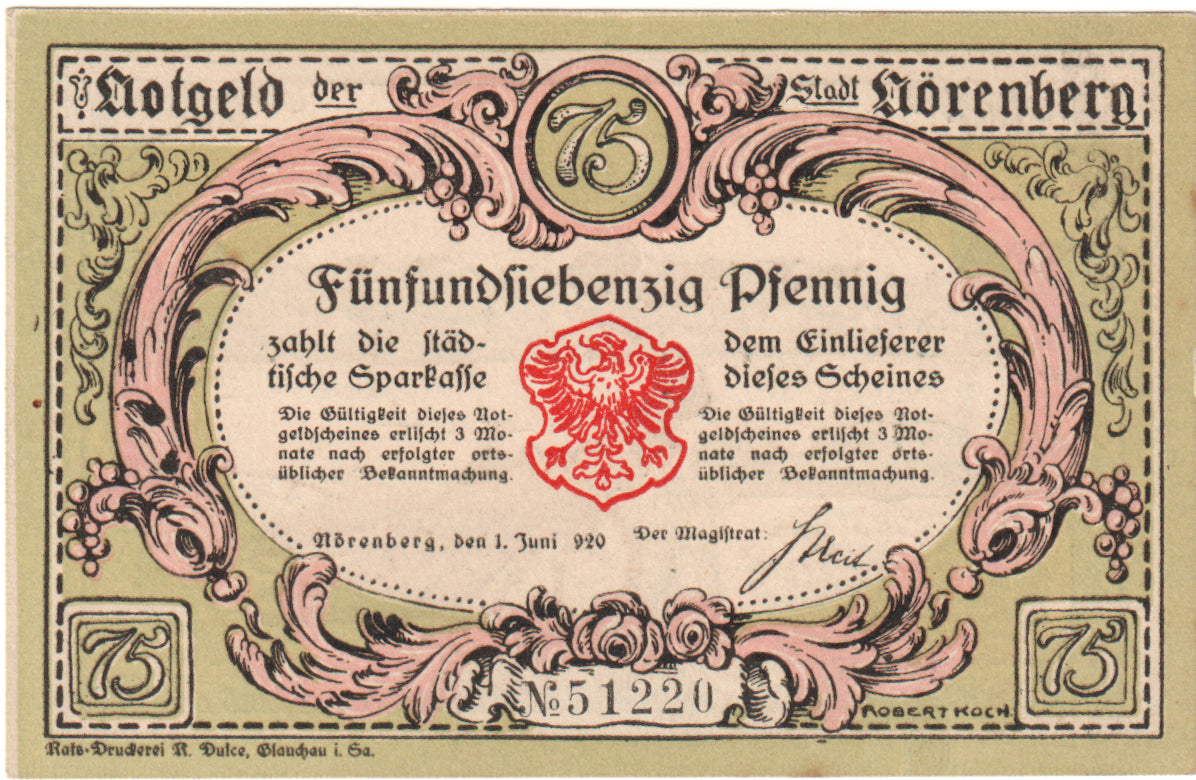 Geldschein, Deutschland, Norenberg Stadt, 75 Pfennig, homard, 1920, 1920-06-01