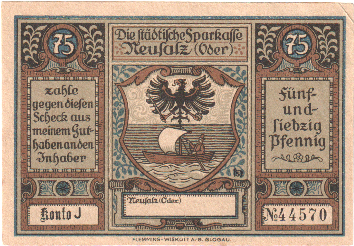 Banconote, Germania, Neusalz, 75 Pfennig, personnage, 1922, SPL, Mehl:960.1