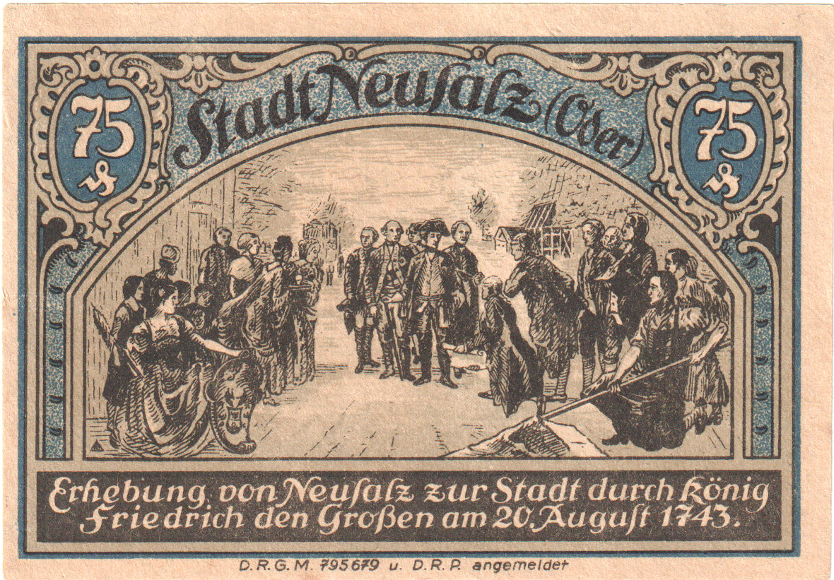 Banconote, Germania, Neusalz, 75 Pfennig, personnage, 1922, SPL, Mehl:960.1