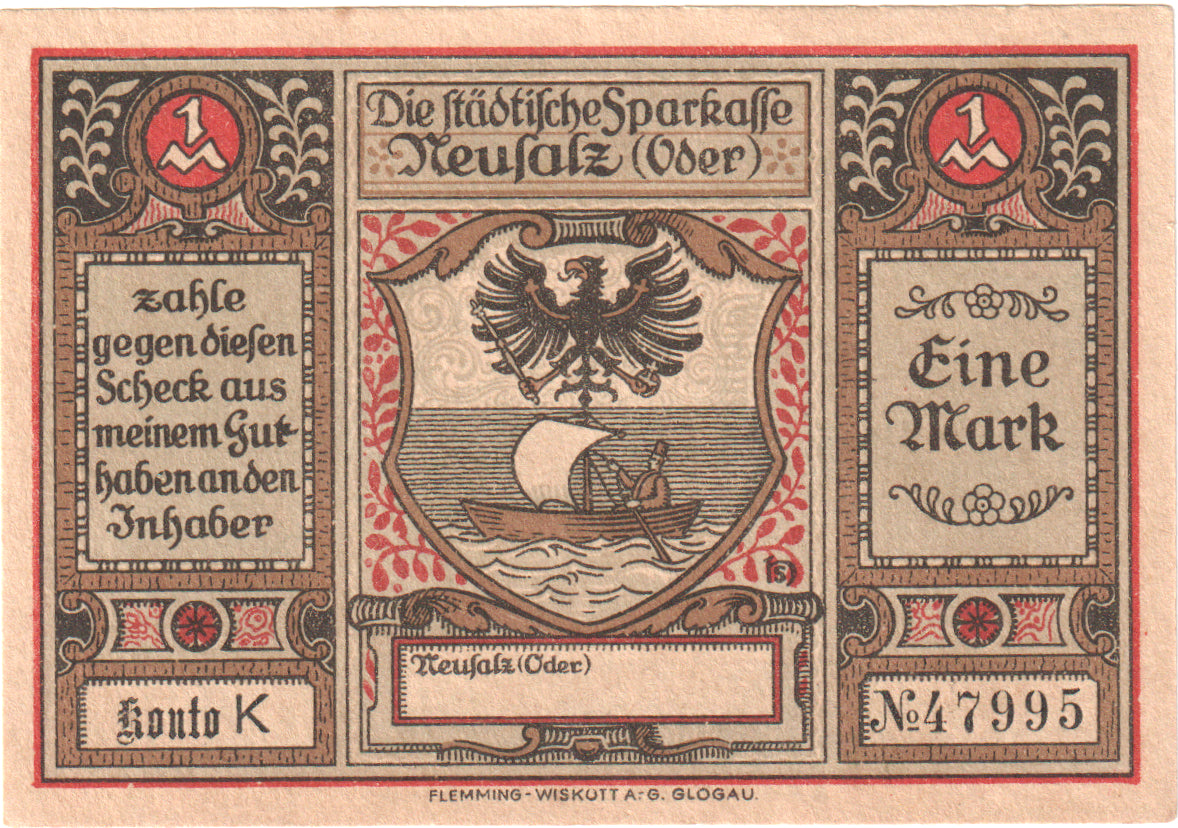 Geldschein, Deutschland, Neusalz, 1 Mark, personnage, 1922, VZ+, Mehl:960.1