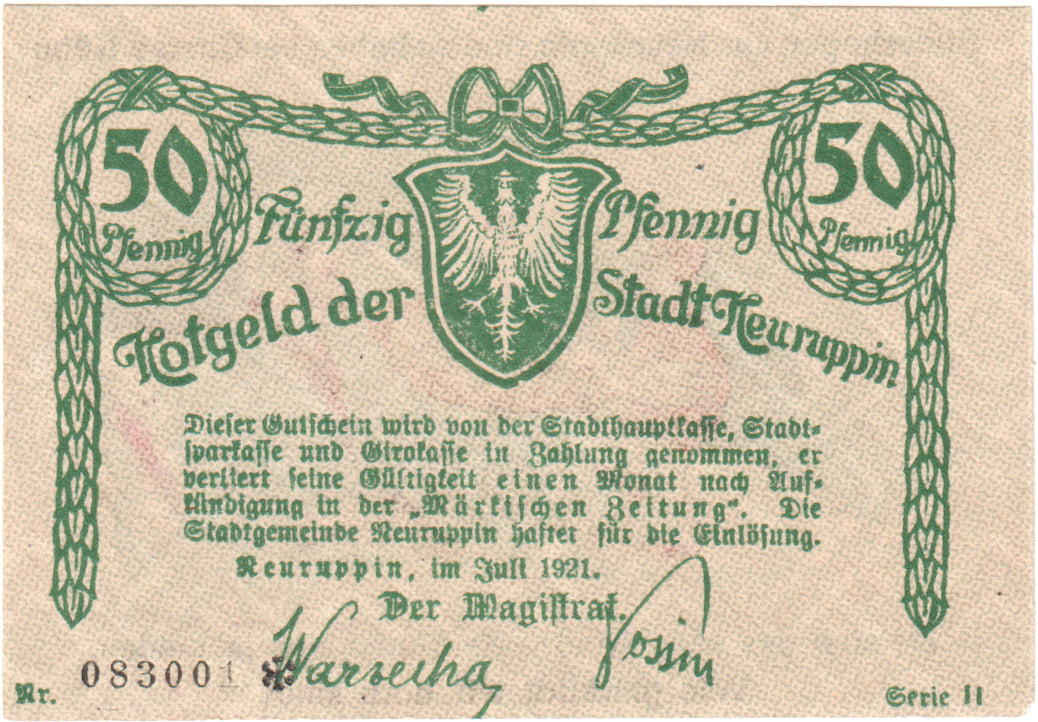 Geldschein, Deutschland, Neuruppin, 50 Pfennig, personnage, 1921, UNZ-