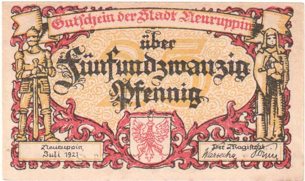 Banknot, Niemcy, Neuruppin, 25 Pfennig, paysage, 1921, UNC(63), Mehl:959.1a