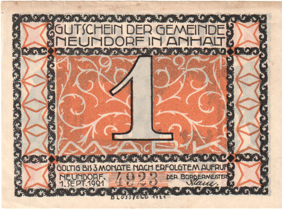 Banconote, Germania, Neundorf, 1 Mark, personnage 1, 1921, 1921-09-01, FDS