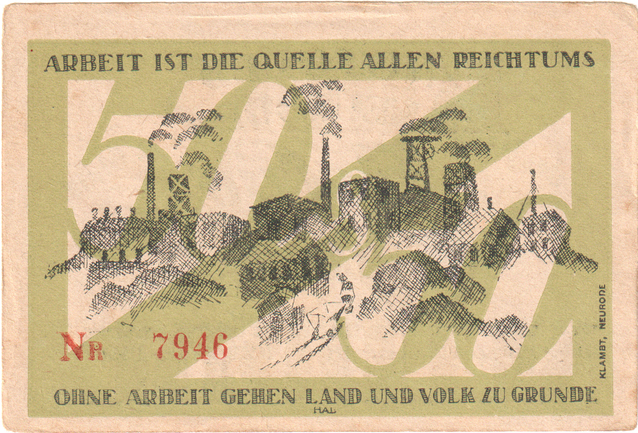 Banknot, Niemcy, Neurode, 50 Pfennig, Usine 1, 1921, 1921-01-01, UNC(60-62)
