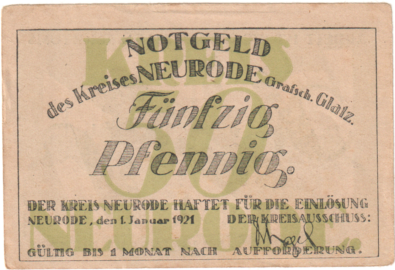 Banknot, Niemcy, Neurode, 50 Pfennig, Usine 1, 1921, 1921-01-01, UNC(60-62)