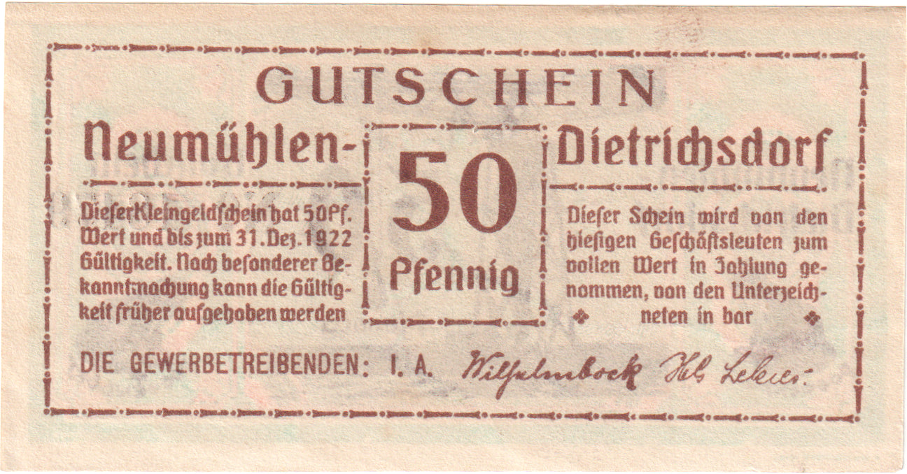 Banknot, Niemcy, Neumühlen, 50 Pfennig, grue, O.D, UNC(65-70), Mehl:953.3