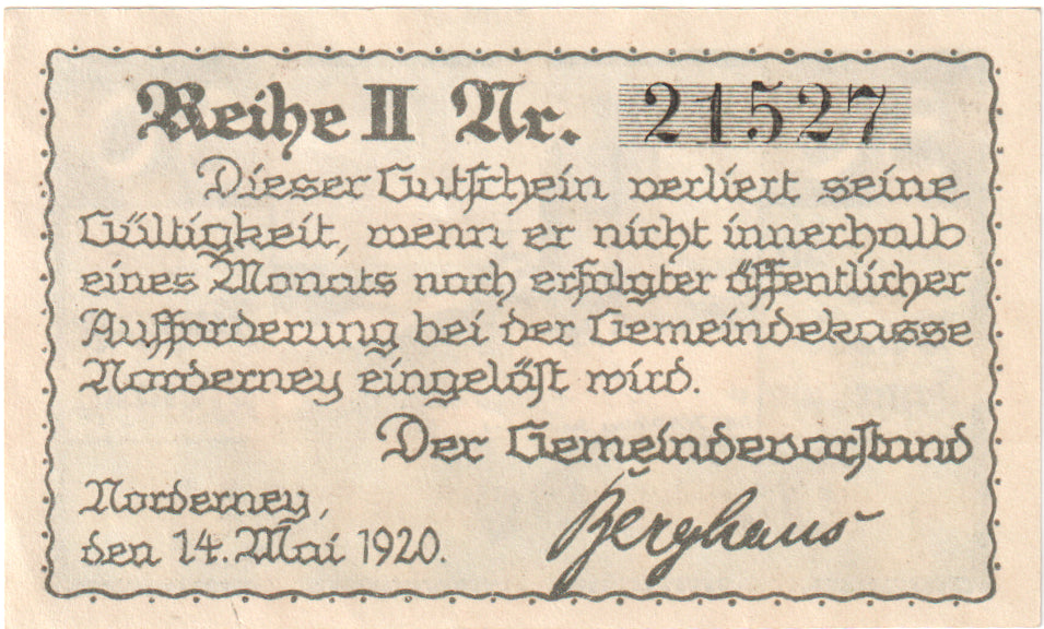 Billete, Alemania, Norderney Gemeinde, 50 Pfennig, paysage, 1921, 1921-05-14