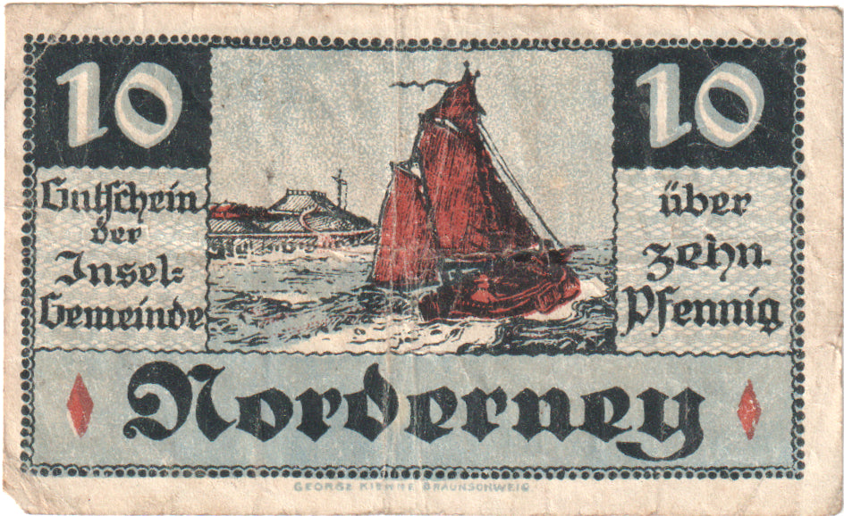 Billete, Alemania, Norderney Gemeinde, 10 Pfennig, paysage, 1921, 1921-05-14
