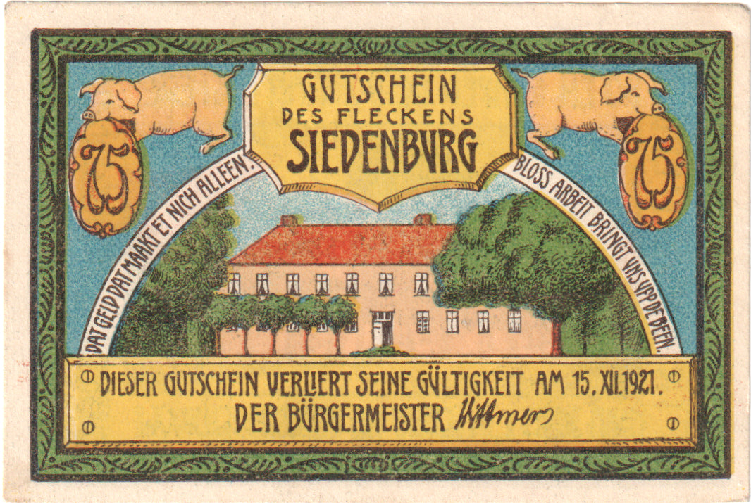 Geldschein, Deutschland, Siedenburg, 75 Pfennig, paysage, 1921, 1921-12-15, UNZ
