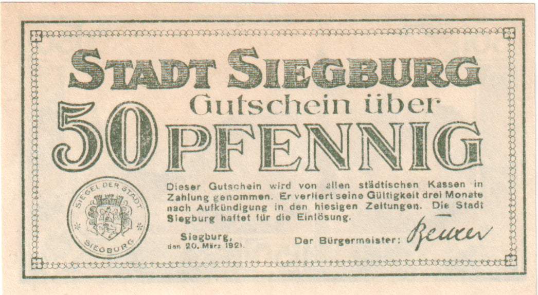 Banknot, Niemcy, Siegburg, 50 Pfennig, paysage 2, 1921, 1921-03-20, UNC(65-70)