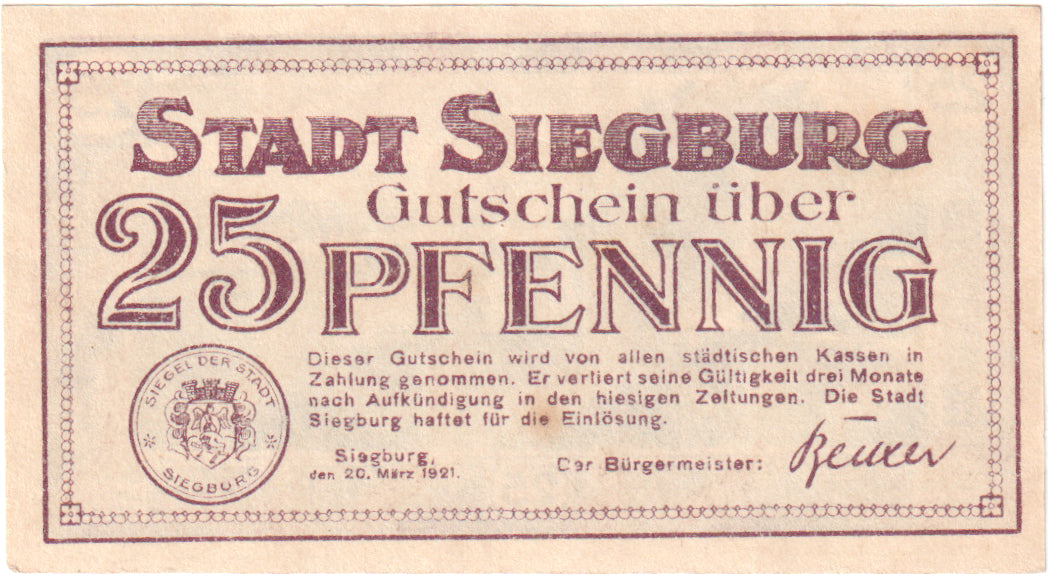 Billete, Alemania, Siegburg, 25 Pfennig, paysage, 1921, 1921-03-20, UNC