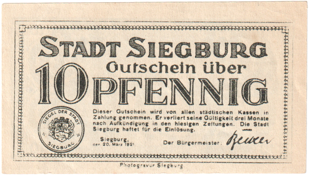 Geldschein, Deutschland, Siegburg, 10 Pfennig, Ecusson 1, 1921, 1921-03-20, UNZ