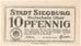 Geldschein, Deutschland, Siegburg, 10 Pfennig, Ecusson 1, 1921, 1921-03-20, UNZ