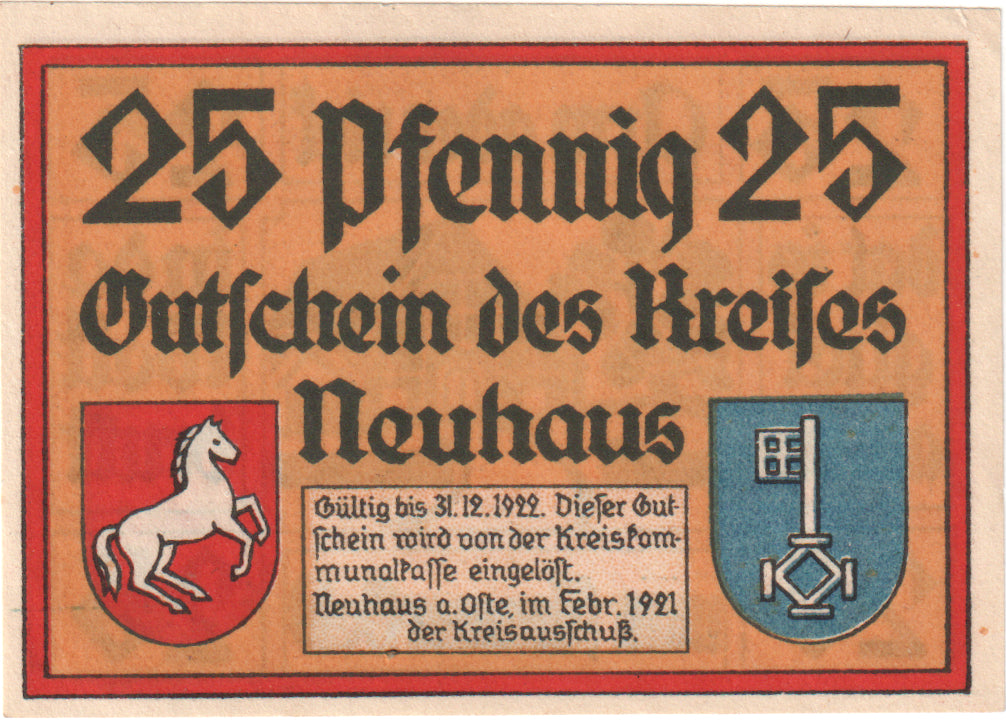 Geldschein, Deutschland, Neuhaus, 25 Pfennig, Maison, 1921, 1921-02-01, UNZ