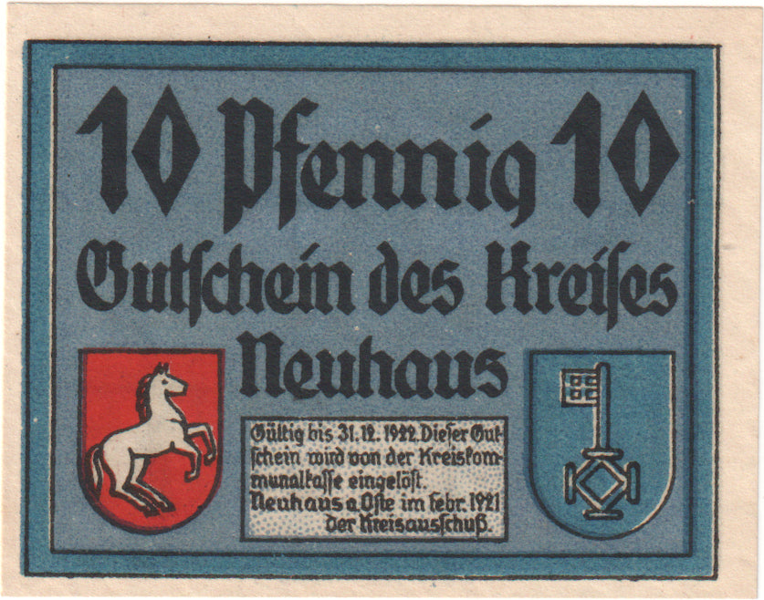 Banconote, Germania, Neuhaus, 10 Pfennig, personnage 1, 1921, 1921-02-01, FDS