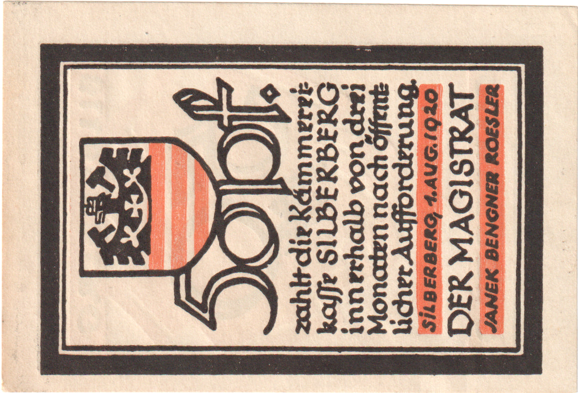 Banconote, Germania, Silberberg Stadt, 50 Pfennig, personnage, 1920, 1920-08-01