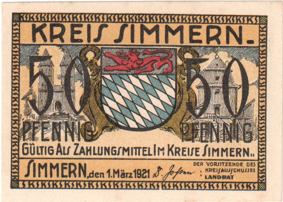 Geldschein, Deutschland, Simmern Kreis, 50 Pfennig, personnage, 1921