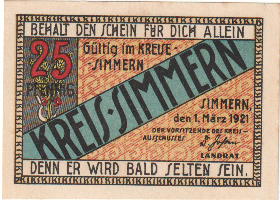 Geldschein, Deutschland, Simmern Kreis, 25 Pfennig, village, 1921, 1921-03-01