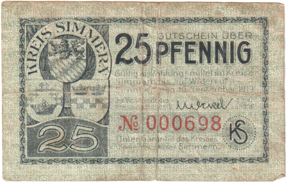 Geldschein, Deutschland, Simmern Kreis, 25 Pfennig, château, 1921, 1921-03-01