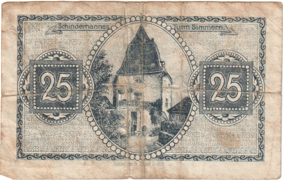 Geldschein, Deutschland, Simmern Kreis, 25 Pfennig, château, 1921, 1921-03-01