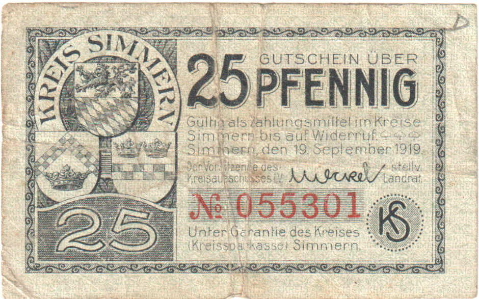 Geldschein, Deutschland, Simmern Kreis, 25 Pfennig, chateau 1, 1921, 1921-03-01