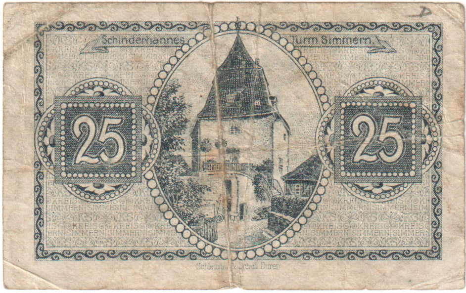 Geldschein, Deutschland, Simmern Kreis, 25 Pfennig, chateau 1, 1921, 1921-03-01