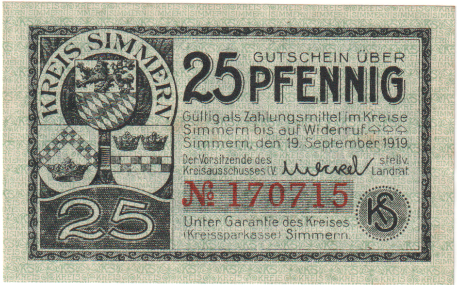 Banknot, Niemcy, Simmern Kreis, 25 Pfennig, chateau 2, 1921, 1921-03-01