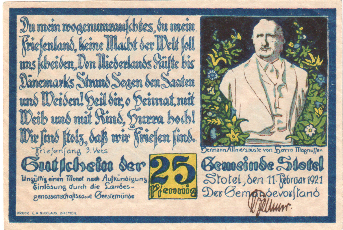 Banconote, Germania, Stotel, 25 Pfennig, personnage, 1921, 1921-02-11, FDS