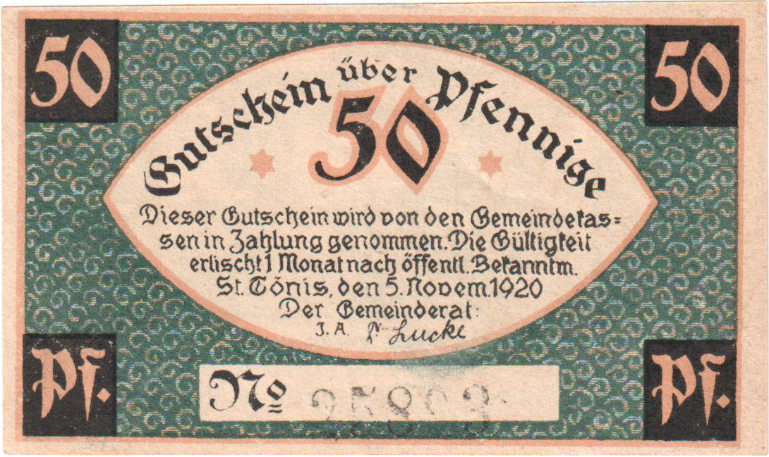 Geldschein, Deutschland, St Tönis, 50 Pfennig, métier, 1920, 1920-11-05, UNZ