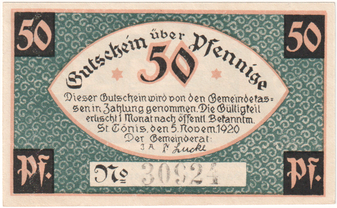 Geldschein, Deutschland, St Tönis, 50 Pfennig, métier à tisser, 1920