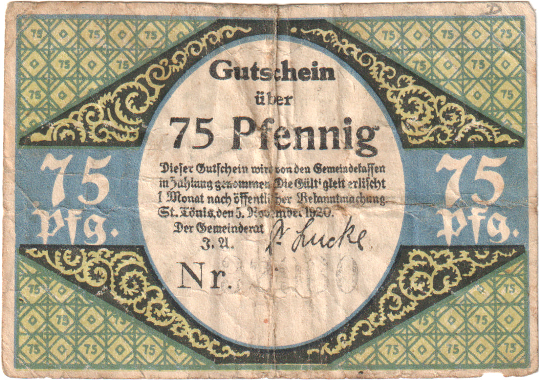 Banknot, Niemcy, St Tönis, 75 Pfennig, métier, 1920, 1920-11-05, UNC(65-70)