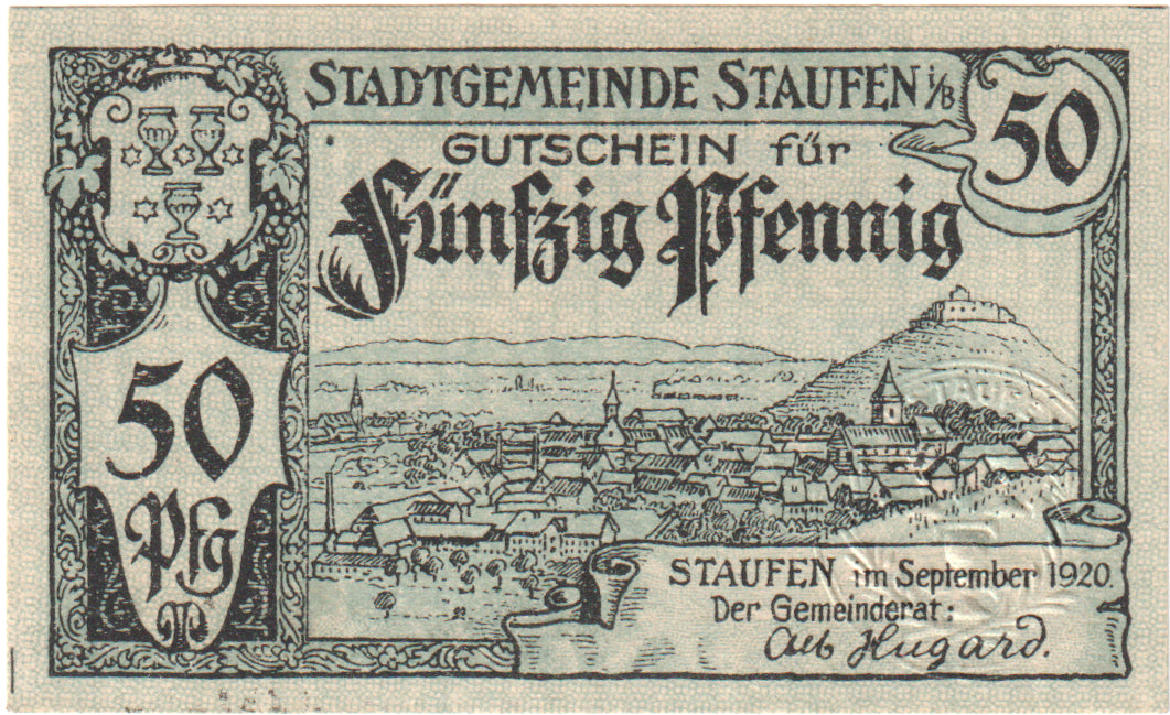 Geldschein, Deutschland, Staufen i. Br. Stadt, 50 Pfennig, paysage, 1918, VZ+