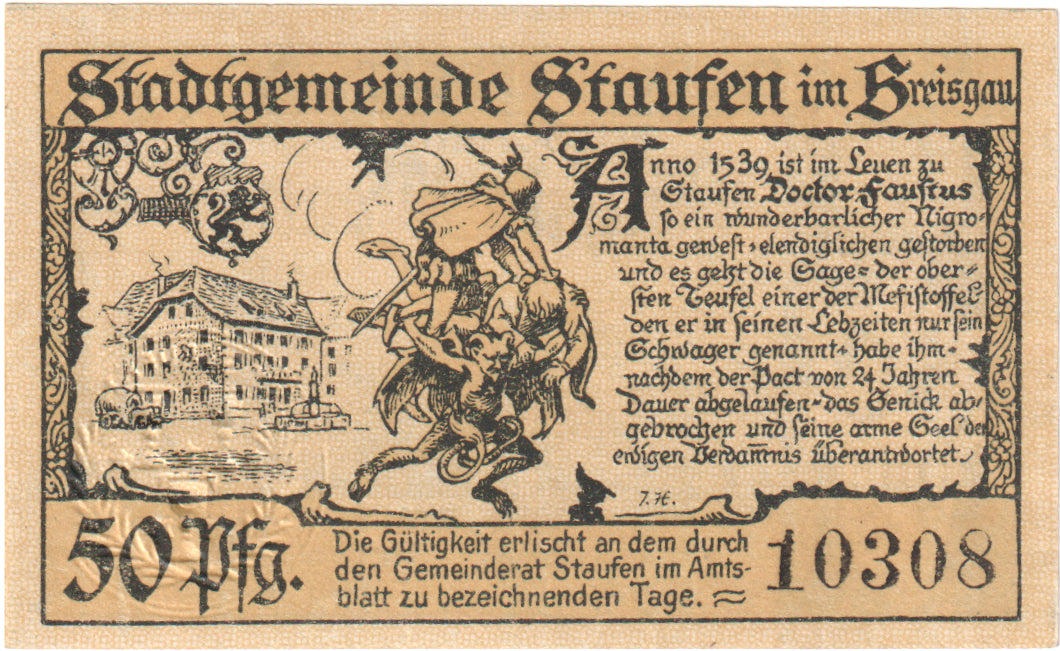Geldschein, Deutschland, Staufen i. Br. Stadt, 50 Pfennig, paysage, 1918, VZ+