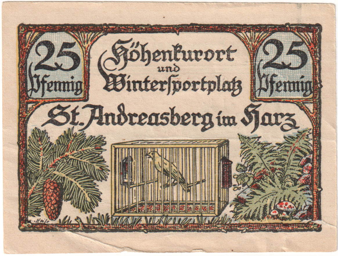 Geldschein, Deutschland, St Andreasberg, 25 Pfennig, oiseau, 1921, 1921-10-01