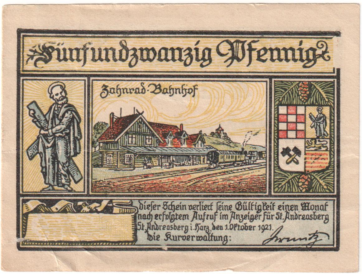Geldschein, Deutschland, St Andreasberg, 25 Pfennig, oiseau, 1921, 1921-10-01