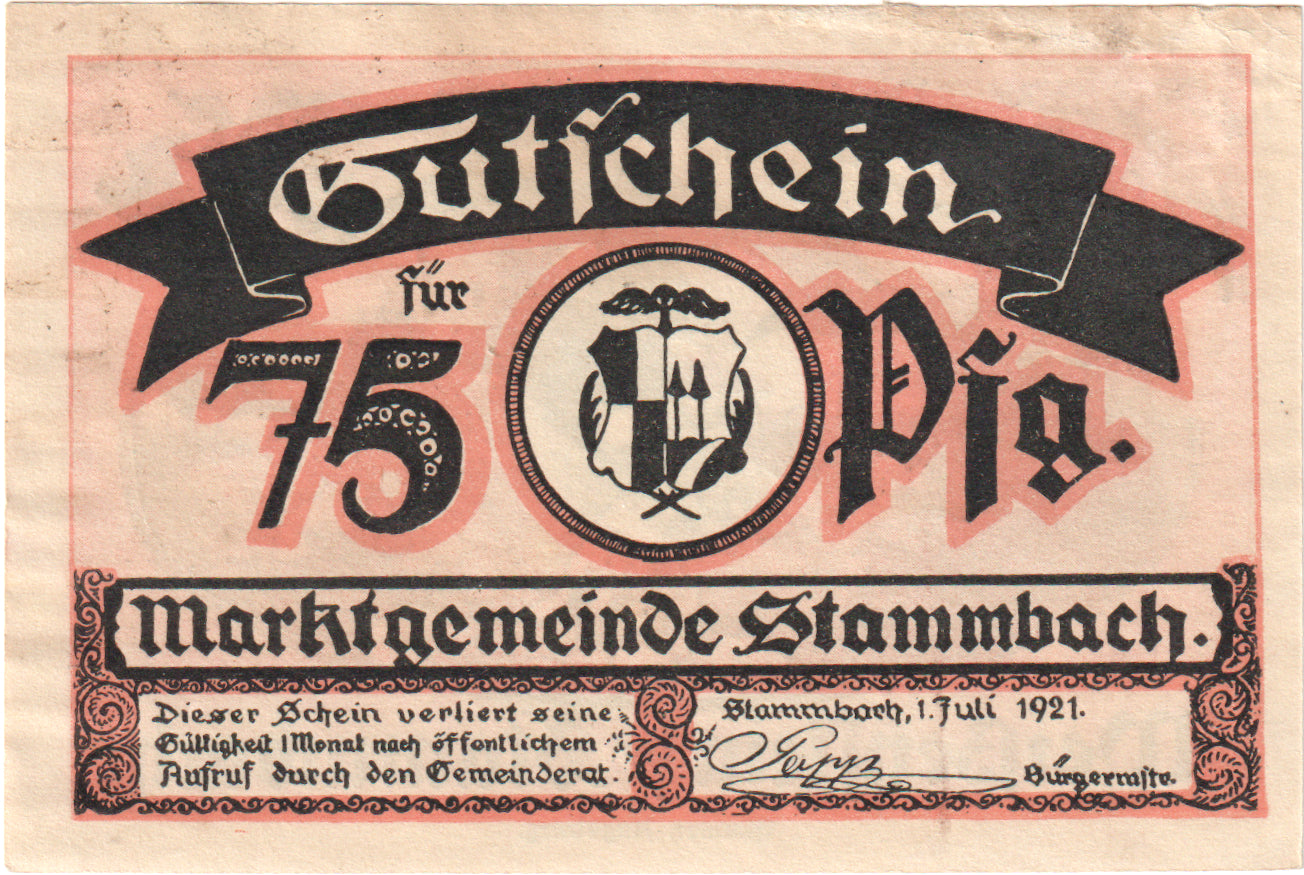 Banknot, Niemcy, Stammbach, 75 Pfennig, paysage, 1921, 1921-07-01, UNC(65-70)
