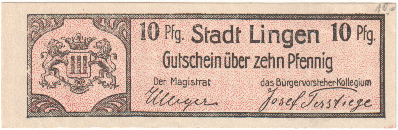 Banknot, Niemcy, Lingen Stadt, 10 Pfennig, Texte, 1920, 1920-04-01, UNC(60-62)