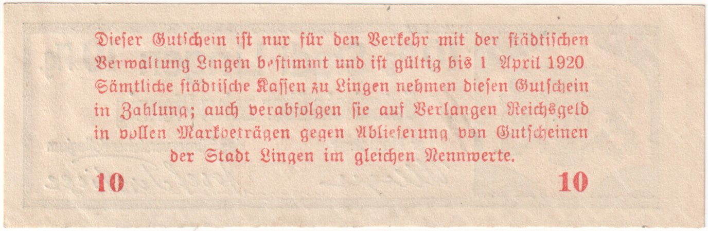 Banknot, Niemcy, Lingen Stadt, 10 Pfennig, Texte, 1920, 1920-04-01, UNC(60-62)
