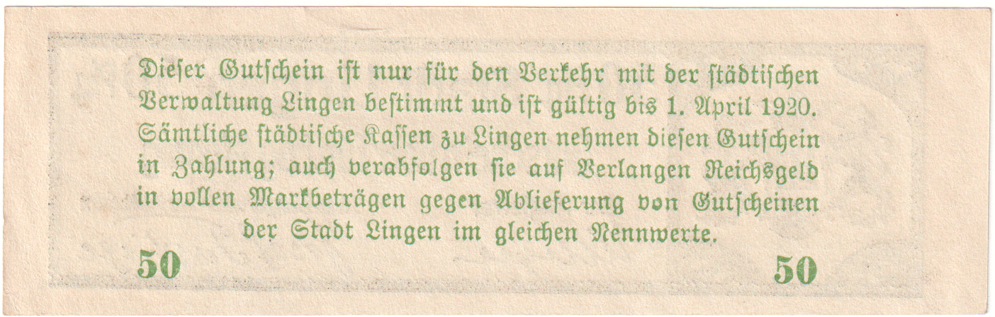 Geldschein, Deutschland, Lingen Stadt, 50 Pfennig, Texte, 1920, 1920-04-01, VZ+