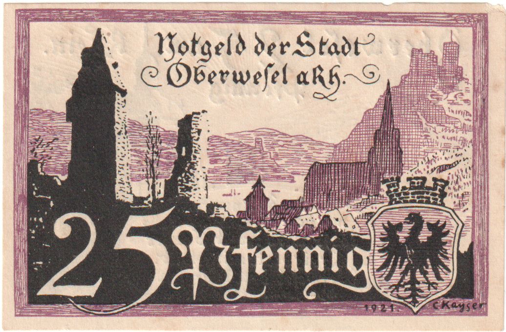 Geldschein, Deutschland, Oberwesel Stadt, 25 Pfennig, paysage, 1921, 1921-03-18