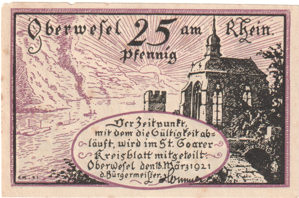 Geldschein, Deutschland, Oberwesel Stadt, 25 Pfennig, paysage, 1921, 1921-03-18