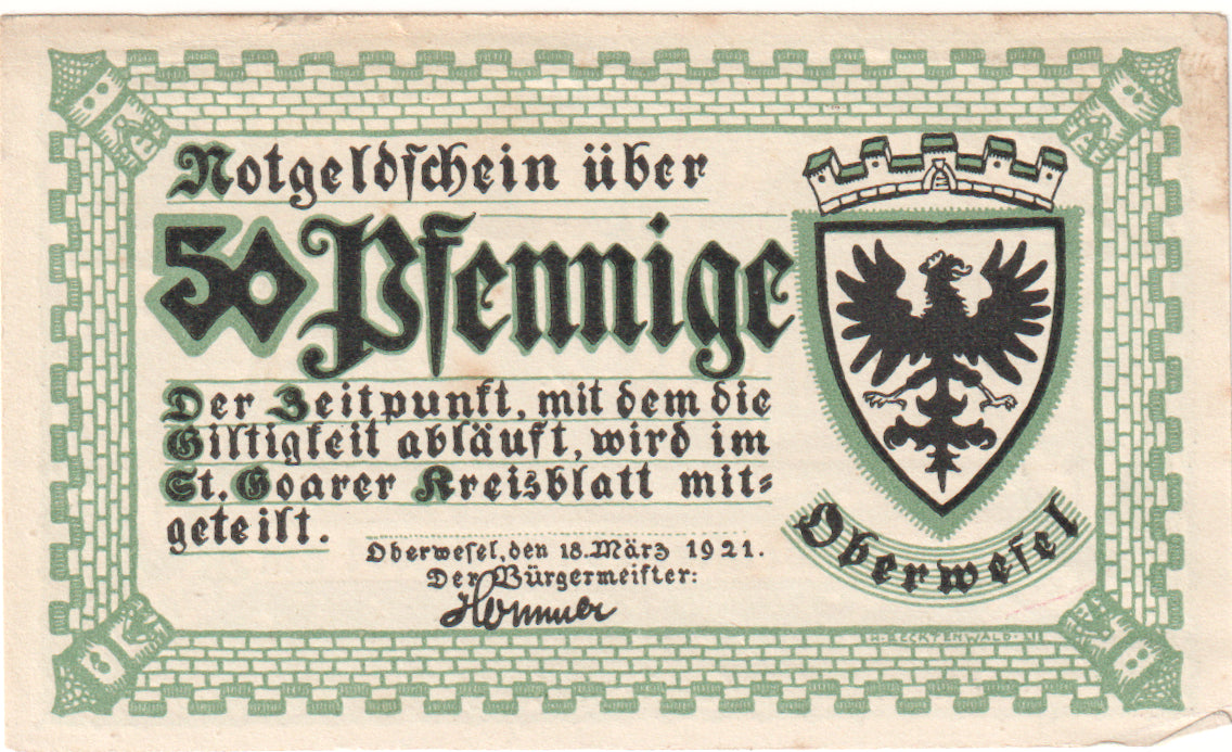 Geldschein, Deutschland, Oberwesel Stadt, 50 Pfennig, paysage, 1921, 1921-03-18