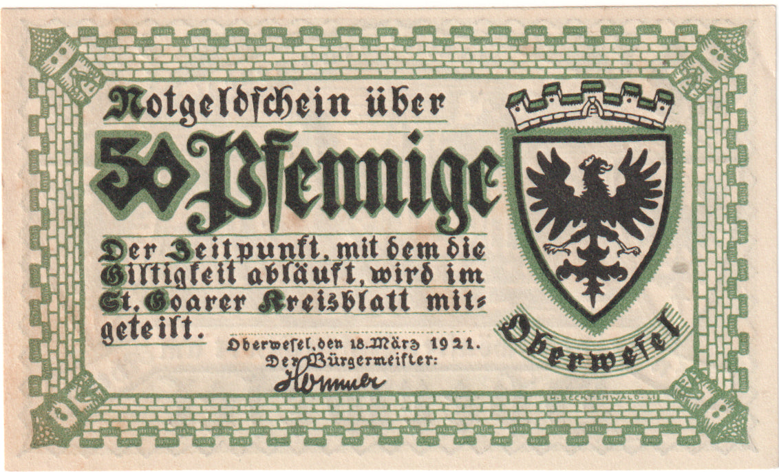 Geldschein, Deutschland, Oberwesel Stadt, 50 Pfennig, paysage 1, 1921