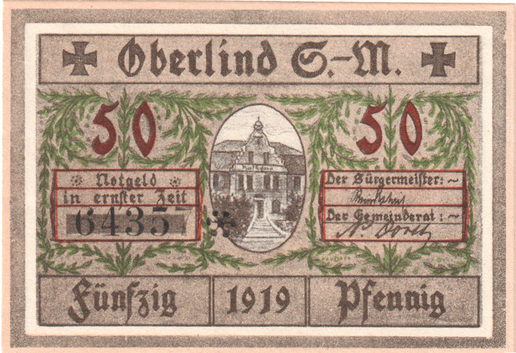 Banknot, Niemcy, Oberlind Gemeinde, 50 Pfennig, Batiment, 1919, UNC(60-62)