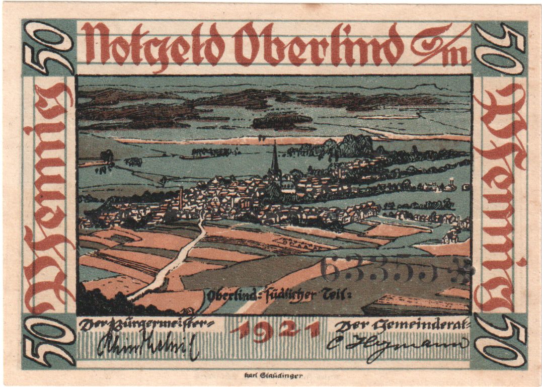 Geldschein, Deutschland, Oberlind Gemeinde, 50 Pfennig, paysage 3, 1921, UNZ-