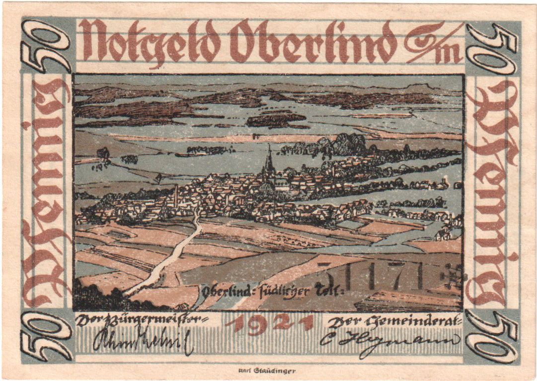 Banknot, Niemcy, Oberlind Gemeinde, 50 Pfennig, paysage 8, 1921, UNC(63)