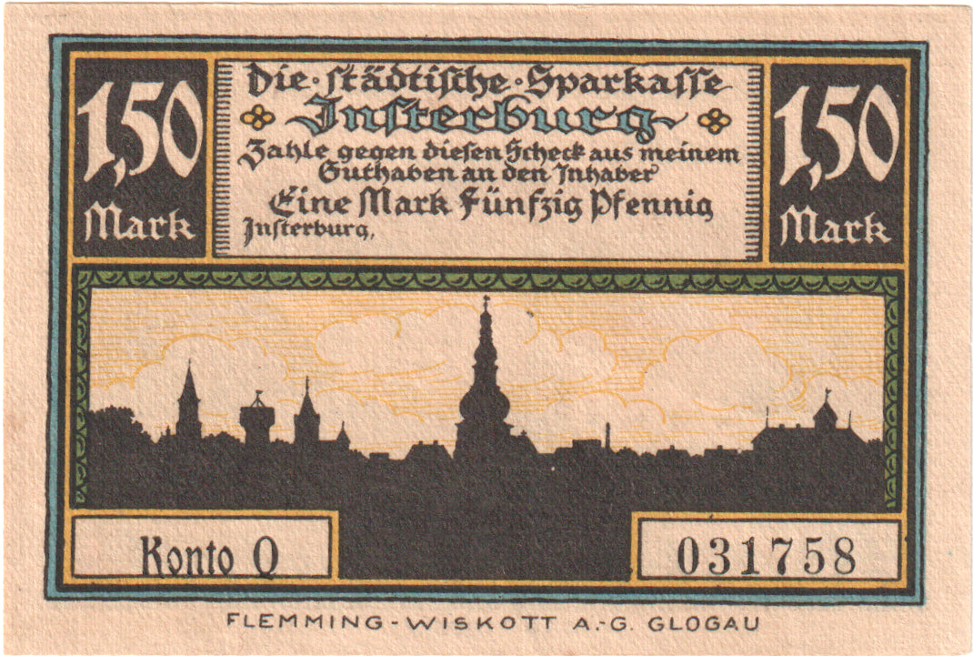 Billet, Allemagne, Insterburg, 1.5 Mark, chateau 4, O.D, NEUF, Mehl:645.1a