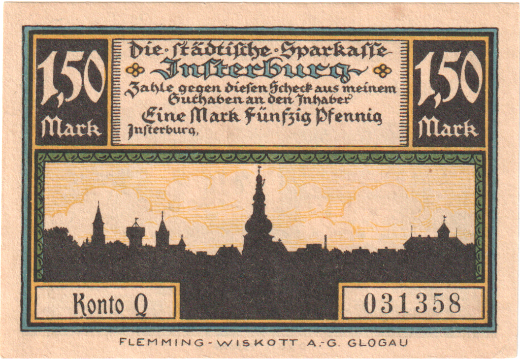 Geldschein, Deutschland, Insterburg, 1.5 Mark, chateau 5, O.D, UNZ, Mehl:645.1a