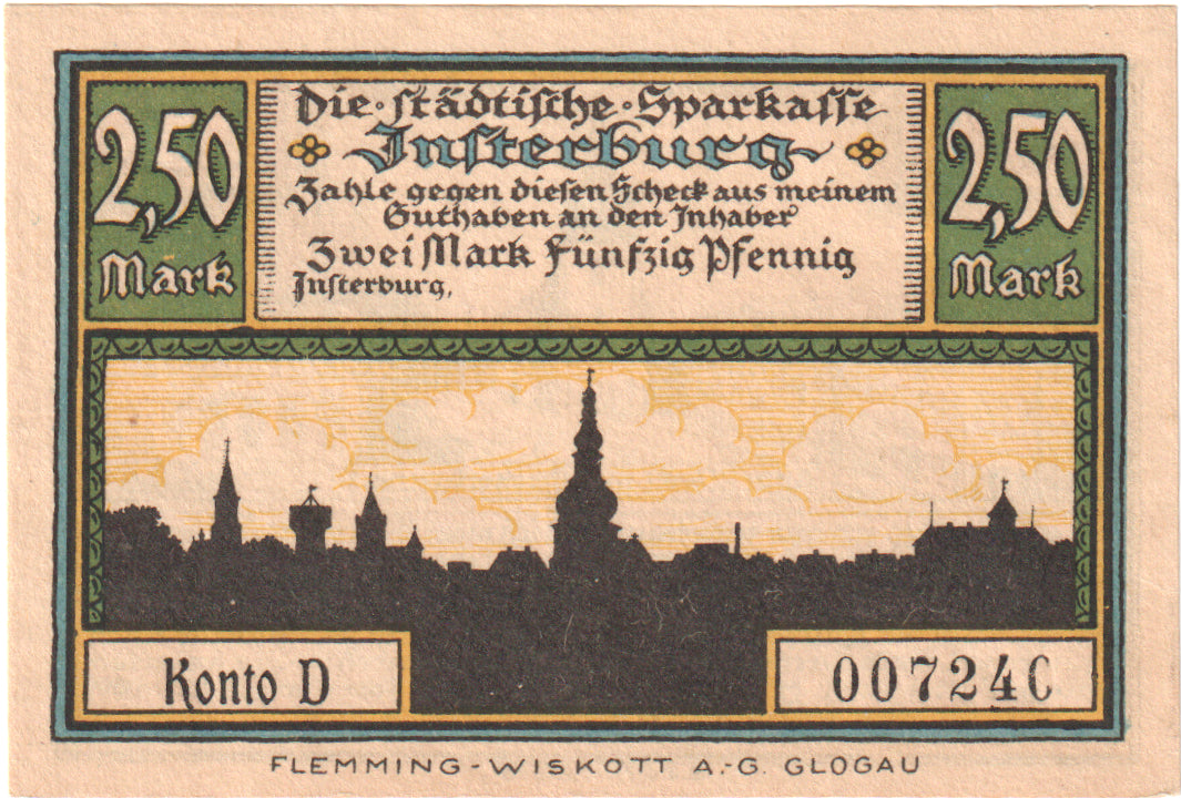 Banknote, Germany, Insterburg, 2.5 Mark, village, O.D, UNC(65-70), Mehl:645.1a